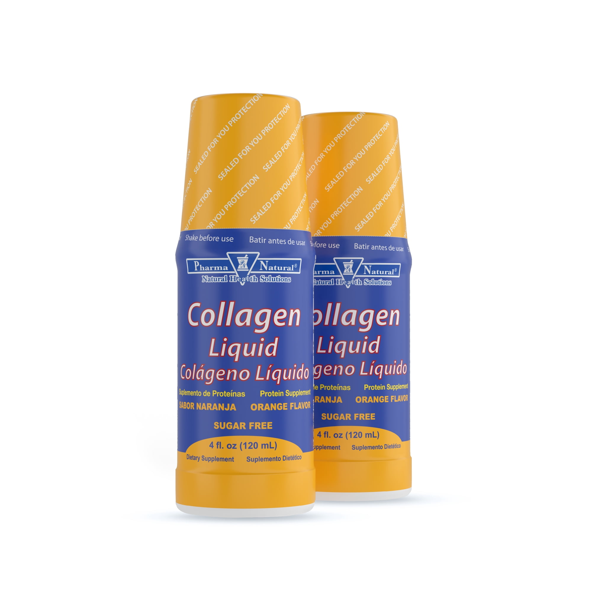 Pharma Natural Collagen Liquid Protein Supplement for Joint & Skin Health, Orange Flavor, Sugar-Free, 2 Bottles (4 fl oz each)