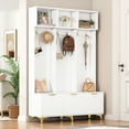 thumbnail image 2 of 75.4" Large Storage Hall Tree, Modern Multi-Functional Storage Bench with High Gloss Fluted Doors, Luxurious Coat Rack with 6 Gold Hooks, Tall Storage Cabinet for Living Room, Living Room, White, 2 of 9
