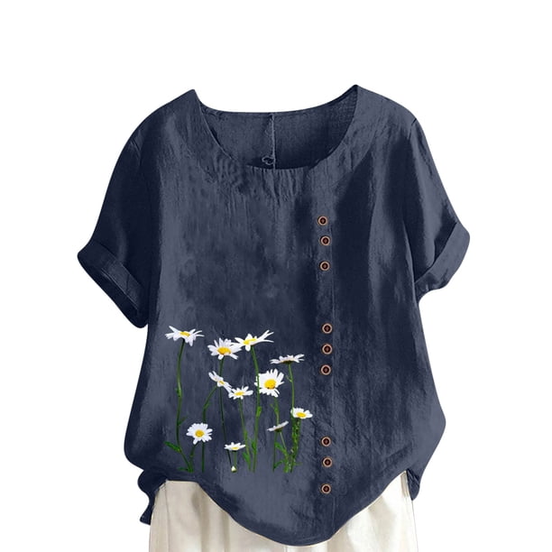 Camiseta suelta informal de verano con cuello redondo y manga corta con estampado de flores para mujer OAVQHLG3B Store lin121212