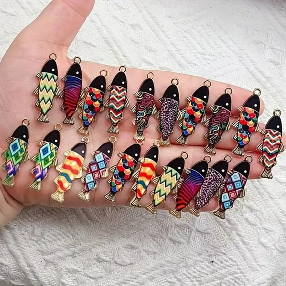 20 Pcs Colorful Fish Enamel Charms – Golden-Tone Zinc Alloy Pendants with Vibrant Geometric Patterns for DIY Jewelry, Shoe & Bag Accessory Making