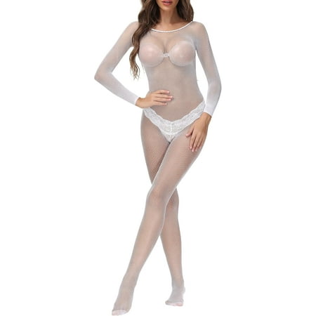 SUCS Women Sheer Mesh Bodysuit Lingerie Bodystocking Leotard One Piece Babydoll One Size