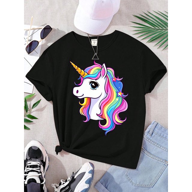Tween Girl Summer New Cartoon Cute & Dynamic Printed Black T-Shirt