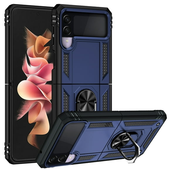 Compatible with Samsung Galaxy Z Flip 3 Case,with 360 Ring Holder Kickstand Card case,Armor Military Grade Protection Hybrid Silicone TPU PC Rugged Case,Magnetic with Car Mount Phone Cover,Blue