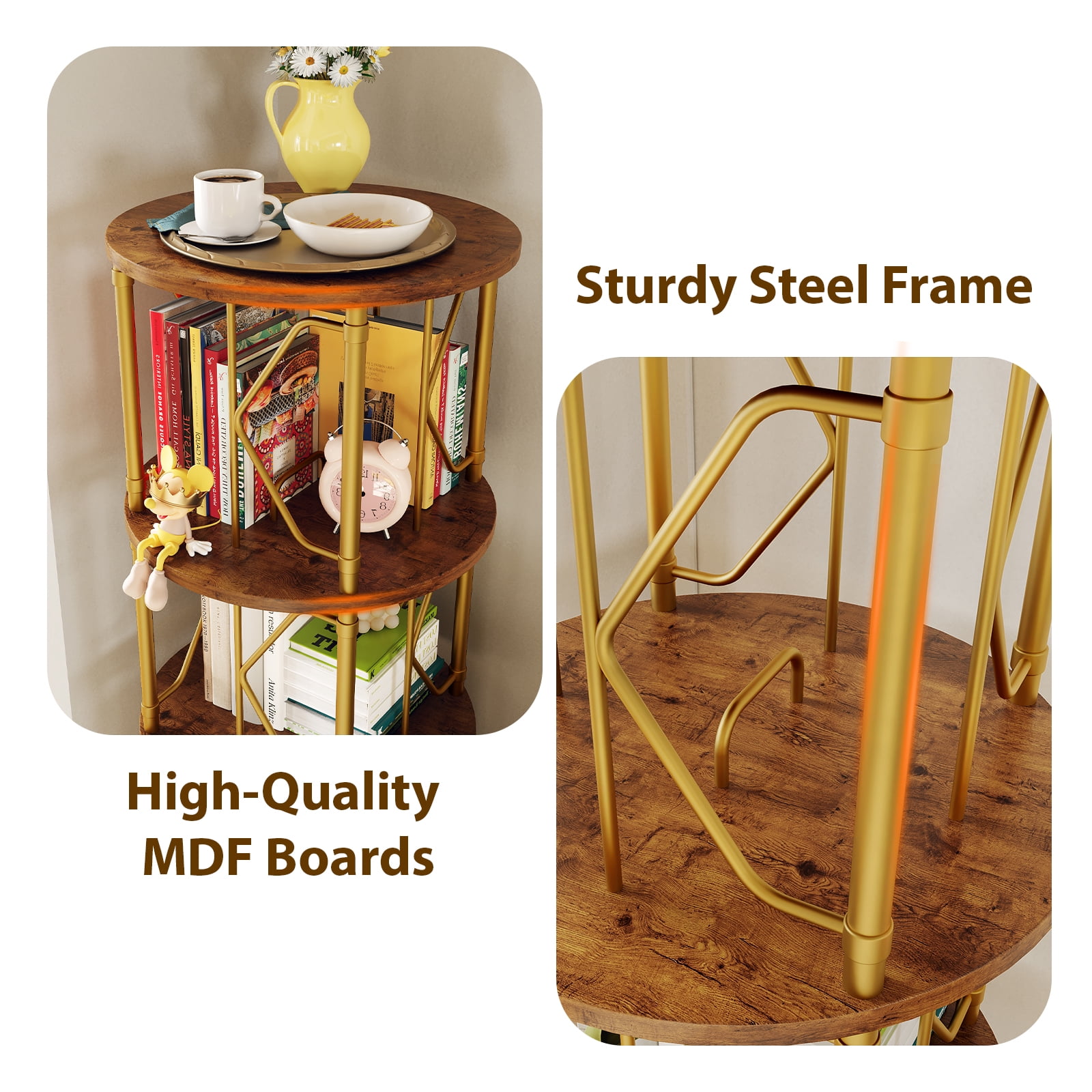 LLappuil 5 Tier Rotating Bookshelf, 360° Display Swivel Bookcase, Corner Bookshelf for for Bedroom, Living Room Gold