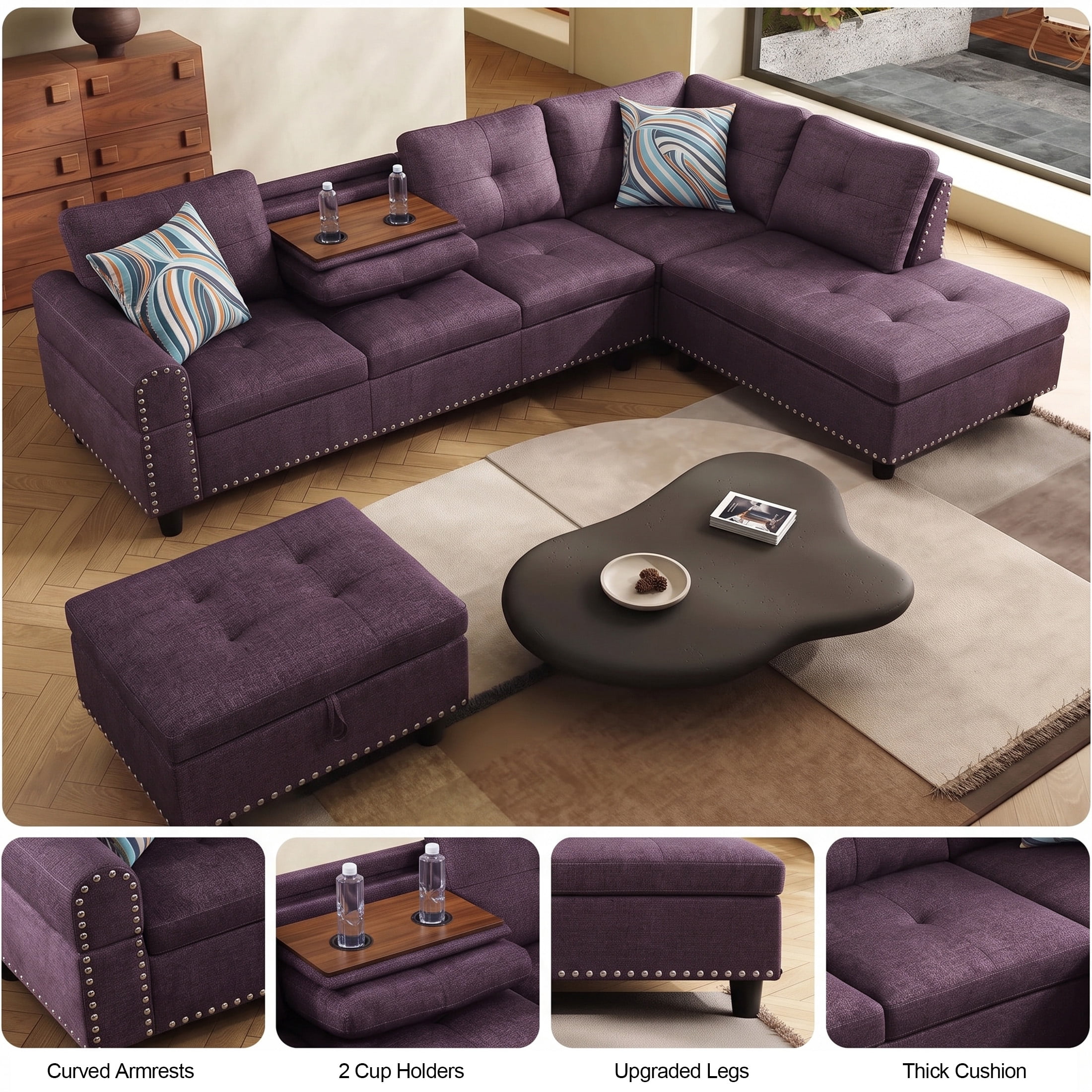 AENKYO 98" L-Shaped Sectional Sofa with Reversible Chaise, Storage Ottoman & Cup Holders, Linen, Purple