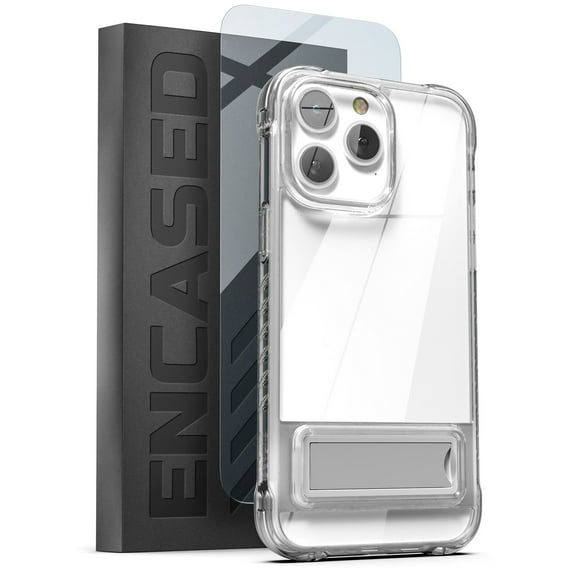 Encased Clear Kickstand Case Designed for iPhone 14 PRO with Screen Protector - Ultra Protective MIL-Spec Armor Guard Bumper with Metal Stand (Retail Packaging)