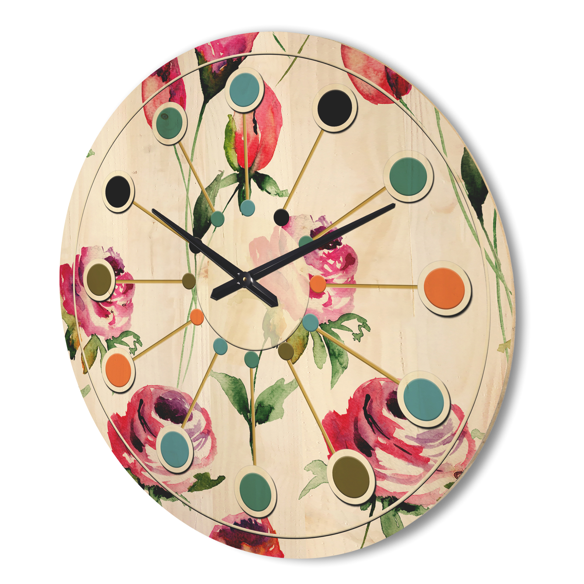 Designart 'Roses Flowers Pattern On White' Mid-Century Modern Wood Wall Clock