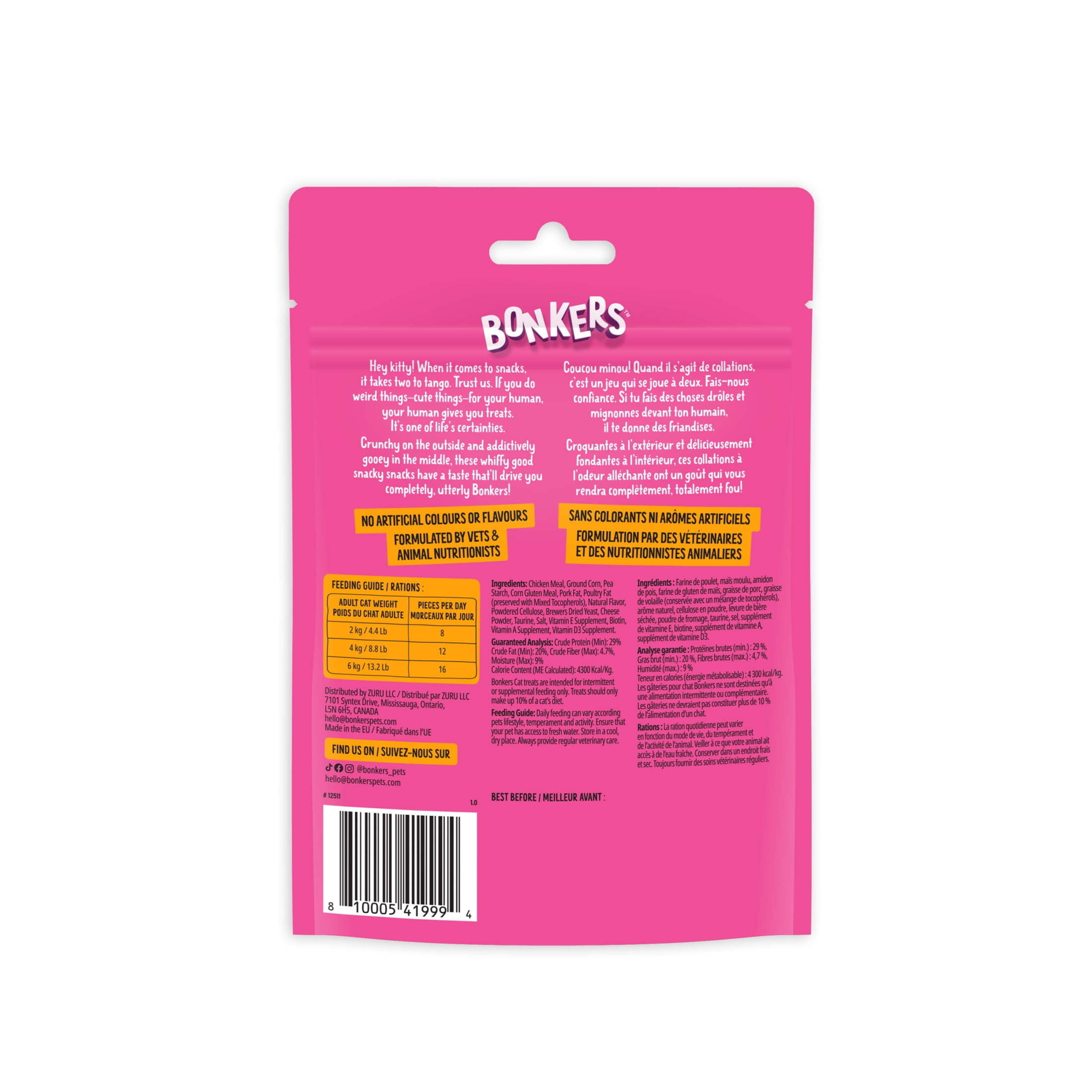 Bonkers Bites Paw Lickin' Chicken Flavour Dry Crunchy & Soft Treats for Cats, 85g Bag