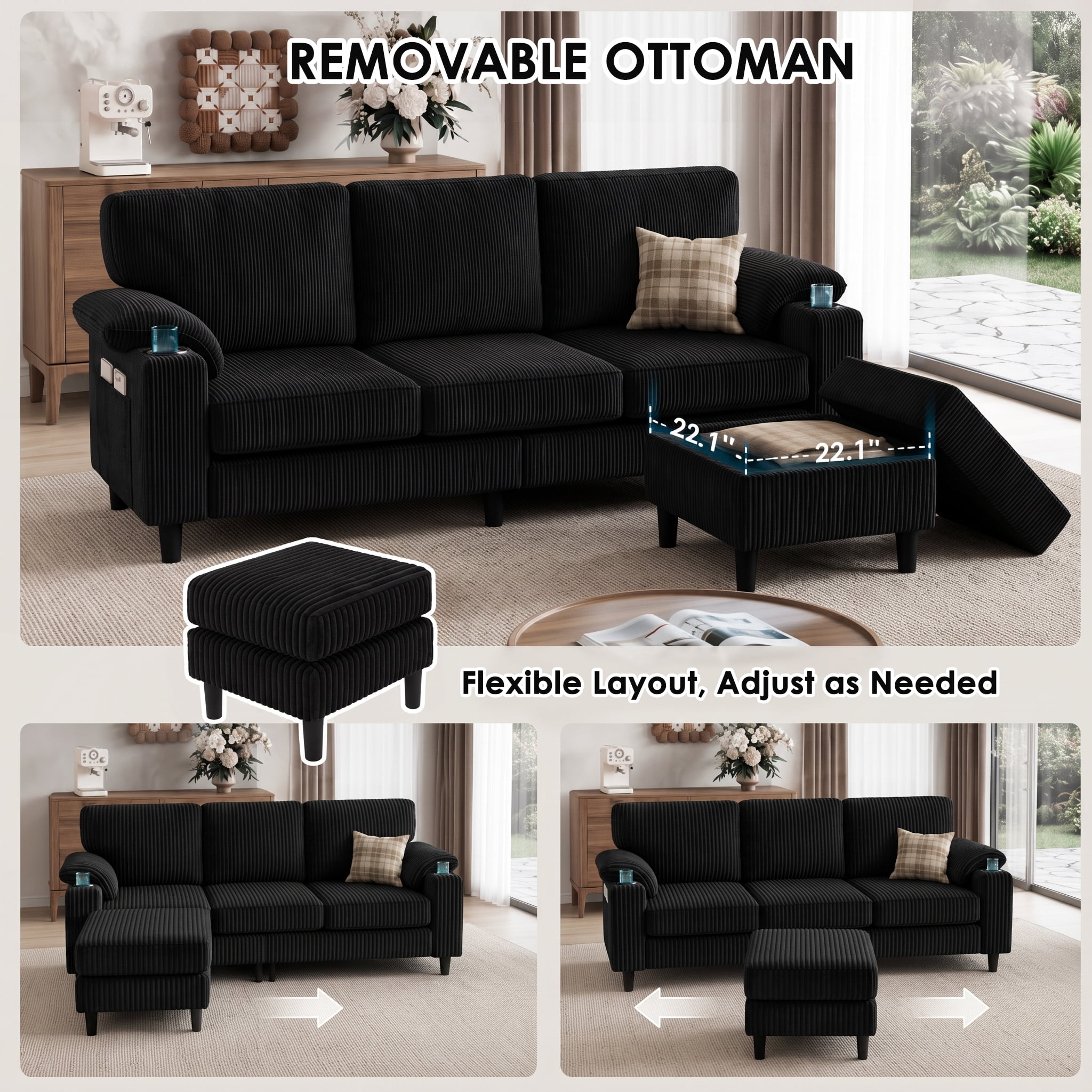 Anpport 80" L‑Shaped Corduroy Sectional Sofa, 3‑Seater Couch with Storage Ottoman, USB Port & Cup Holders for Small Spaces, Black