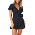 thumbnail image 1 of Femmes d'Été à Manches Courtes Imprimé Robe V Cou Robes Courtes Décontractées, Bleu Marine, XXL, 1 of 5