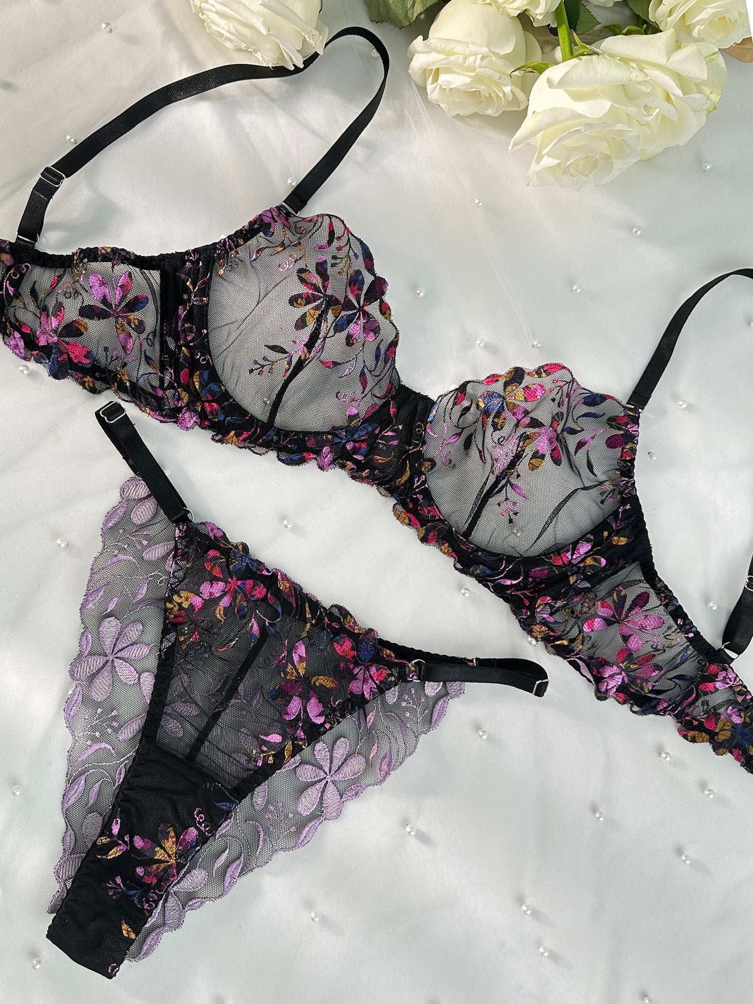 Midnight Blossom Lace Embroidered Lingerie Set (BLACK, L+)