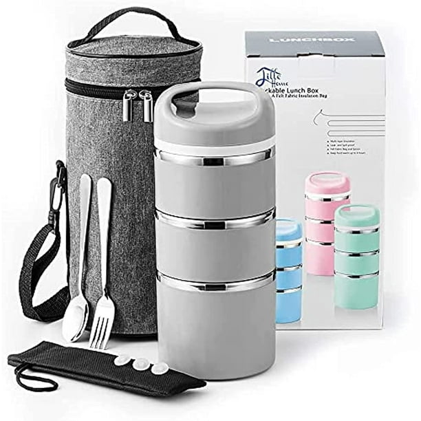 Lille Home Caja de almuerzo/refrigerios apilable de acero inoxidable con compartimiento térmico, contenedor de comida/bento aislado de 3 niveles con bolsa de almuerzo, juego de cubiertos y tres sellos