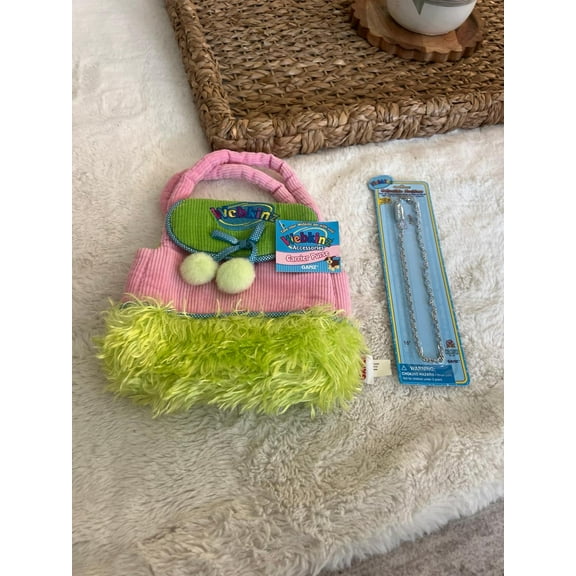 Ganz Webkinz - Pink Green Carrier Purse HC100 Plush  & Webkinz Necklace (BONUS 1 FUN CHOPS & 1 ZIPPER BRACELET)