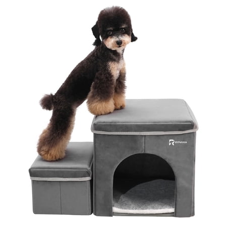 RYpetmia Foldable Dog Stairs,2-Step Dog Steps for Couch and High Bed,Pet Stairs with Storage and Pet House,Non-Slip Dog Ramp for Small Dogs and Cats or Pets Joints