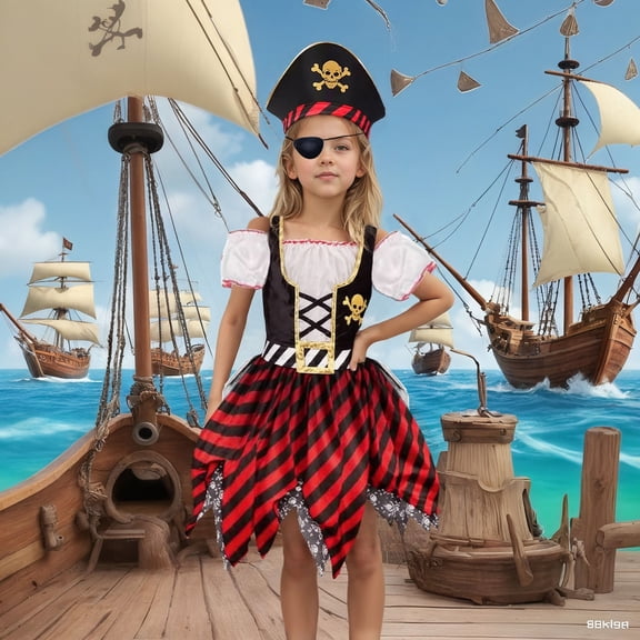 YAYUBA Toddler Girls Pirate Role Play Dress Up Dresses Flutter Sleeve Halloween Party Dress Halloween Gifts, Red, M