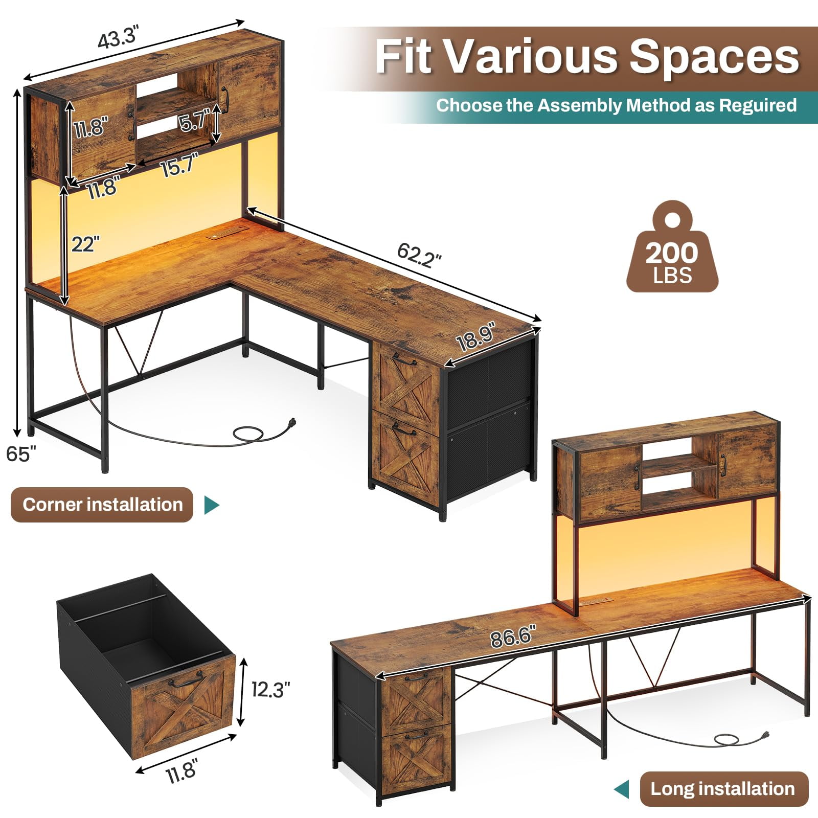 L Shaped Computer Desk 2 Drawers, Reversible Home Office Desk with Led Lights, Hutch and Storage Shelf