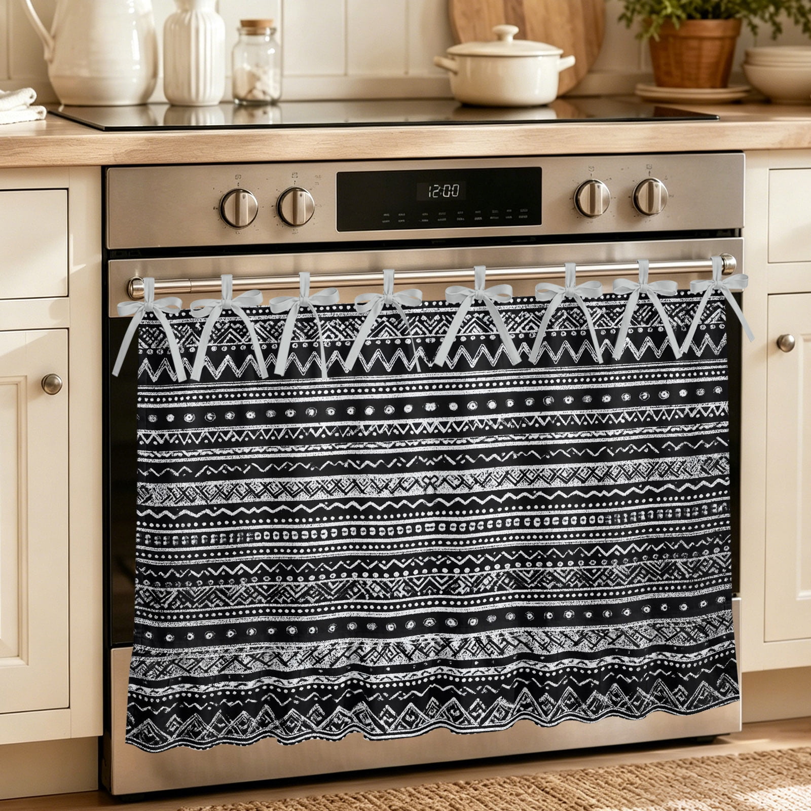 Oven Curtain for Kitchen Abstract Boho Stripes Geometric Art Stove Curtain With Ruffled Trim Dishwasher Curtains Retro White Pattern on Black Oven Skirt 30 x21.5