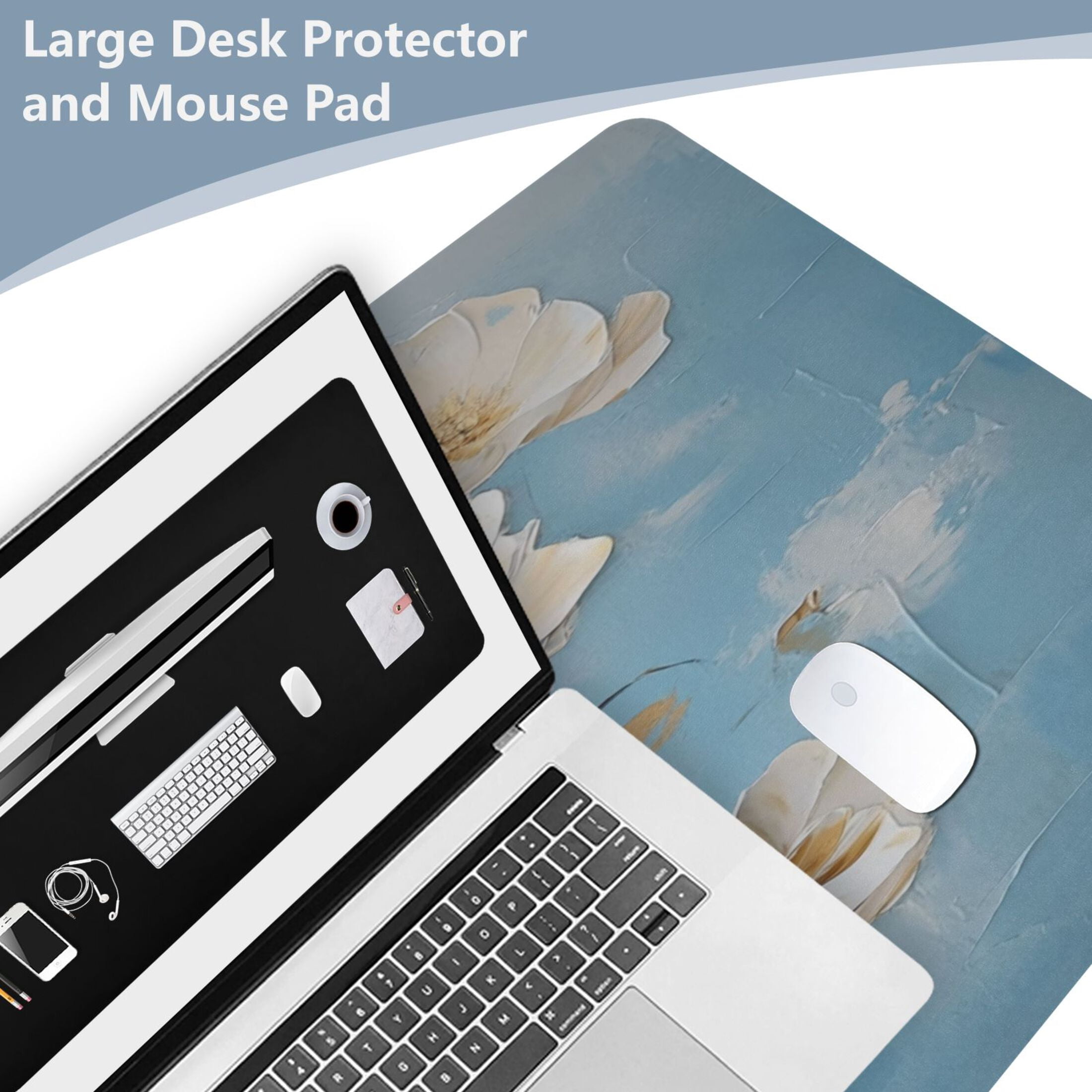 Leather Keyboard and Mouse Desk Mat Office Desk Accessories Protective Office Desk Decor Desk Pad Mat for Gaming, Work from Home, Office Elegant White Flowers 23.6" x 47.2"