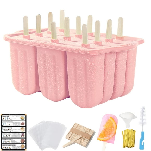 Popsicles Molds Set, 12 Cavity Homemade Maker Ice Pop Mold, Silicone Freezer Molds with 50 Popsicle Sticks 50 Popsicle Bags 50 Ties Funnel Recipes and Brush (Pin k)