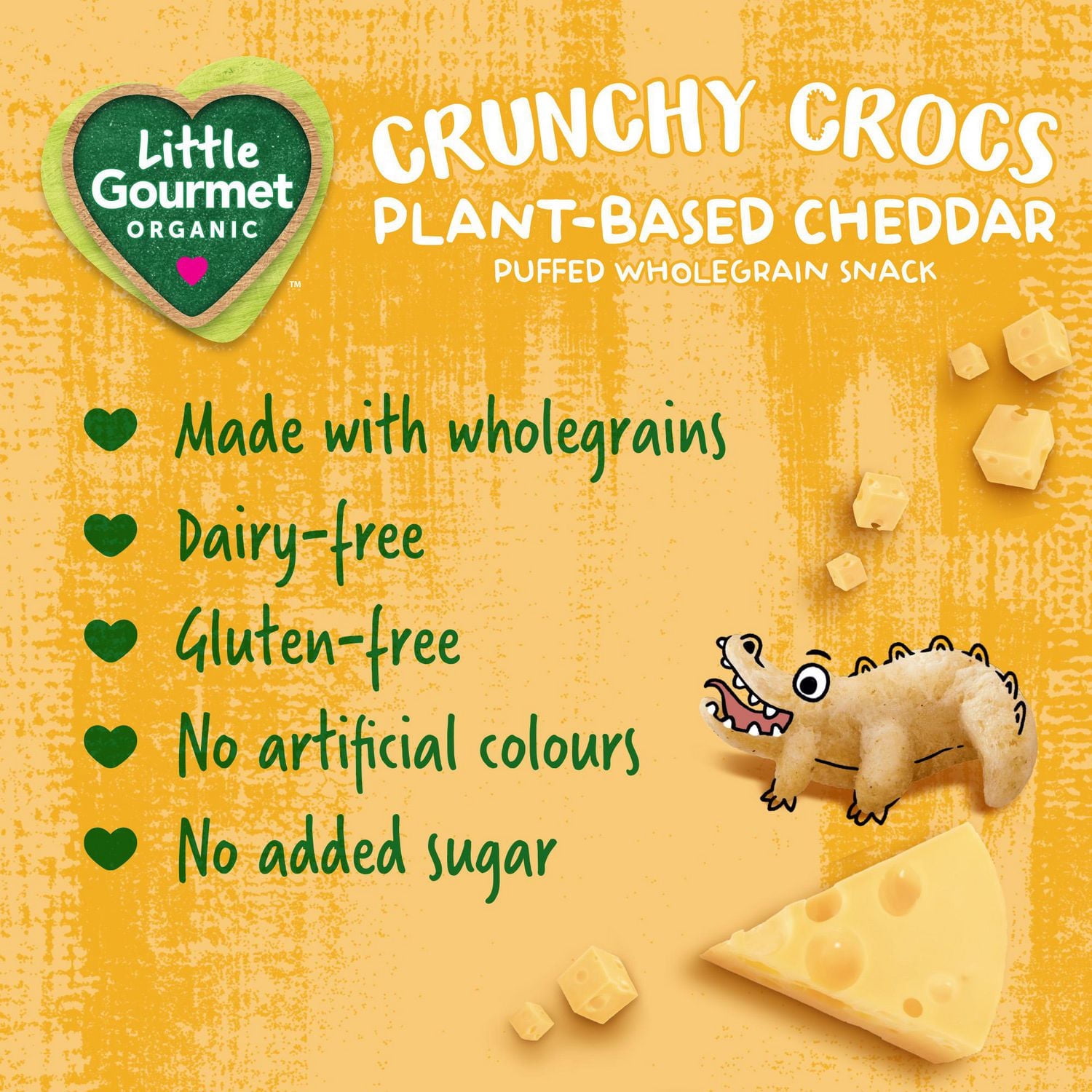Little Gourmet Crunchy Crocs Plant-based Cheddar Organic Toddler Snack, Puffed wholegrain snacks