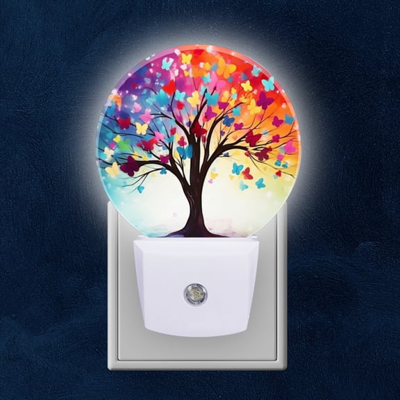 Night Light Plug into Wall,Dusk to Dawn Sensor Auto-On/Off for Bathroom, Hallway,Kids Room-Tree With Colorful Butterflies With Bright Colors