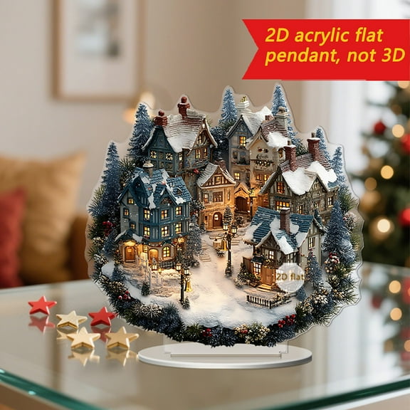 Noothes 2D Acrylic Snowy Village House, Christmas Desktop Decor with Miniature Holiday House Design, Festive Winter Scene Ornament for Living Room & Bookshelf Display