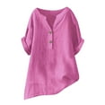 thumbnail image 4 of Women Breathable Cotton Linen T-Shirt Button V Neck Blouse Solid Color Short Sleeve Tops Lightweight Loose Fit Blouses Leisure Comfort Summer Cooling Shirt Everday Wear, 4 of 6