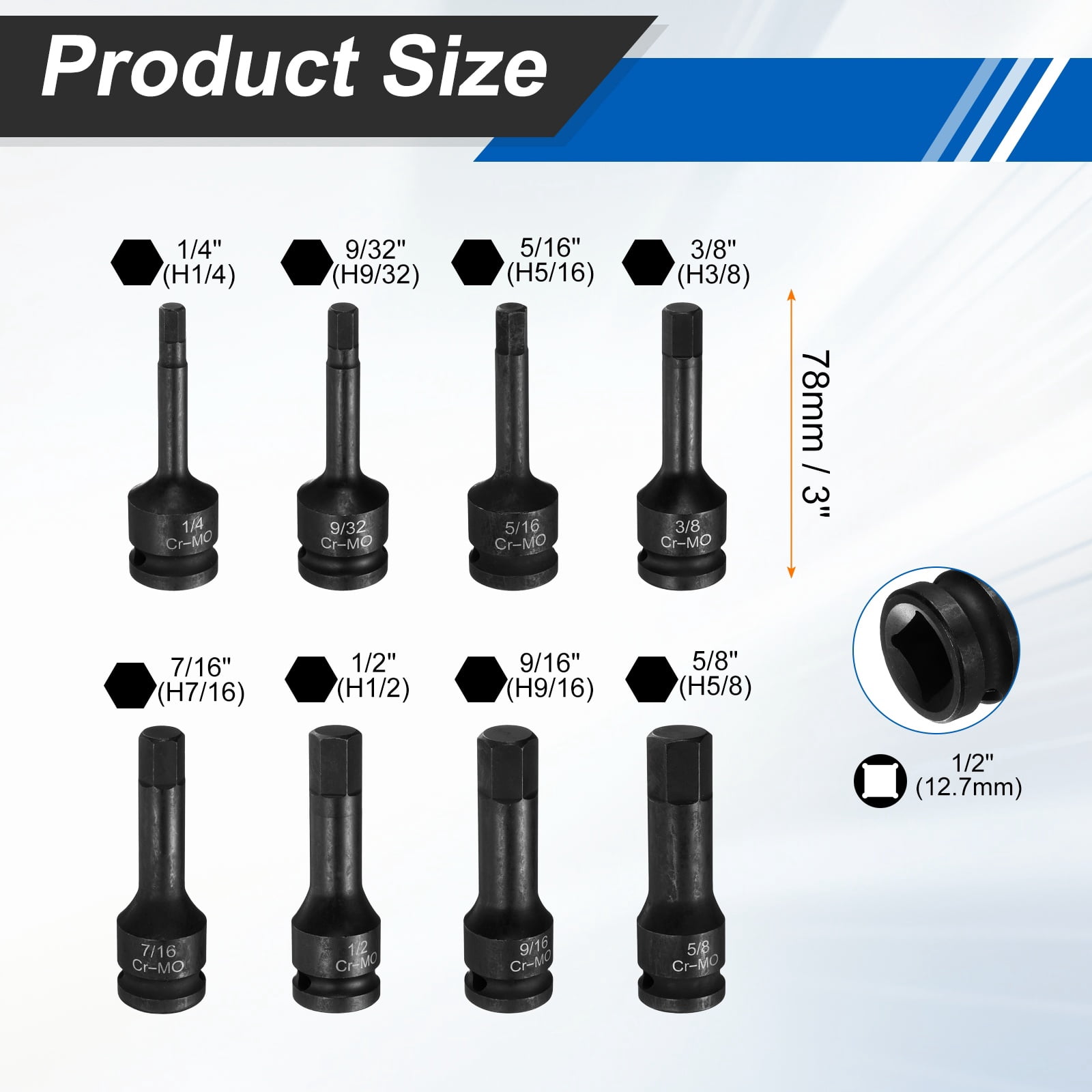 Uxcell 1/2" Drive Impact Hex Bit Socket Set 1/4,9/32,5/16,3/8,7/16,1/2,9/16,5/8 Inch SAE CR-MO Steel 6-Point Sockets with Cotter Pin for Power Drill Drivers Adapter