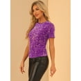 thumbnail image 2 of Blusa de fiesta de manga corta con cuello redondo y lentejuelas de terciopelo para mujer Morado Claro L, 2 of 6