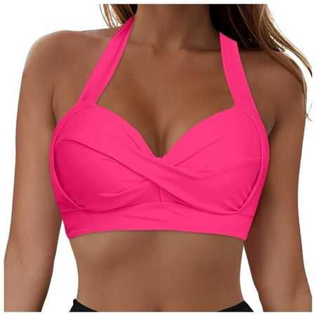 Jdkau Women Push Up Bikini Top Backless Halter Swimsuit Top Solid Color V Neck Bathing Suit Full Coverage Lace Up Bikini TopHot Pink XL