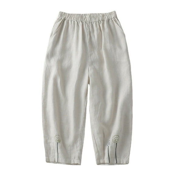 Babysbule Women's Cotton Linen Harlen Pants With Elastic Waist Loose Straight Leg Casual Trousers
