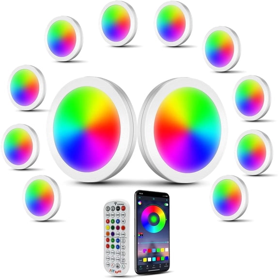 Laboreducer RGB Puck Lights with Remote, 16 Dimmable Colors Under Cabinet Lighting Kit with App-Controlled,12PCS