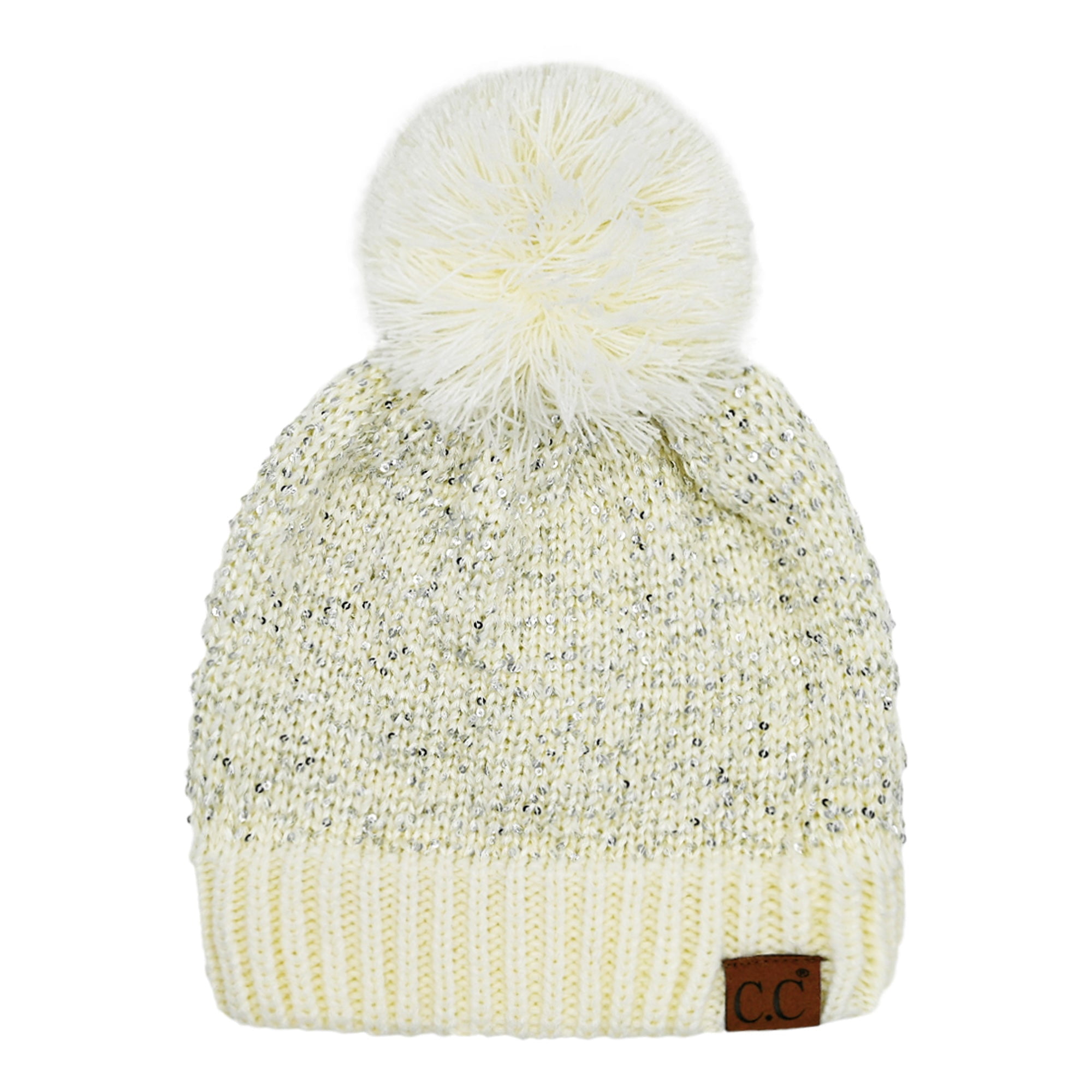 C.C Sequin Pom Winter Beanie Sparkle Cozy Warm Hat Unisex, Black Silver