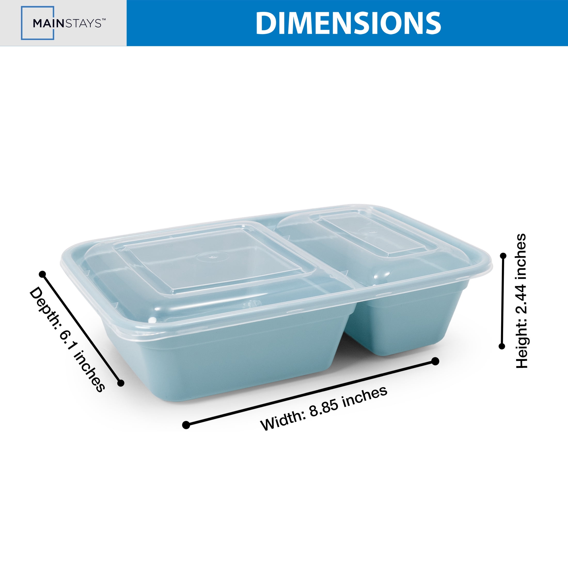Mainstays 5-Pack 2-Compartment BPA-Free Plastic Meal Prep Food Storage Containers, 0.9L, Blue Cameo