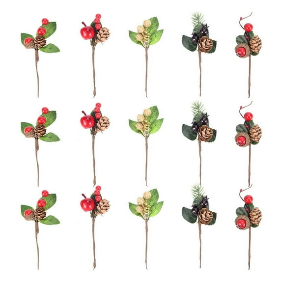 15Pcs Red Christmas Berry and Pine Cone Picks with Holly Branches for Holiday Florak10292