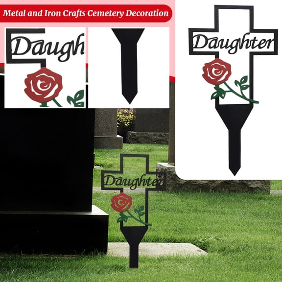 11.81" Daughter Memorial Cross Grave Marker, Metal Ground Stake Decoration with Red Rose, Weather Resistant Cemetery Decor for Memorial Garden Sympathy Tribute