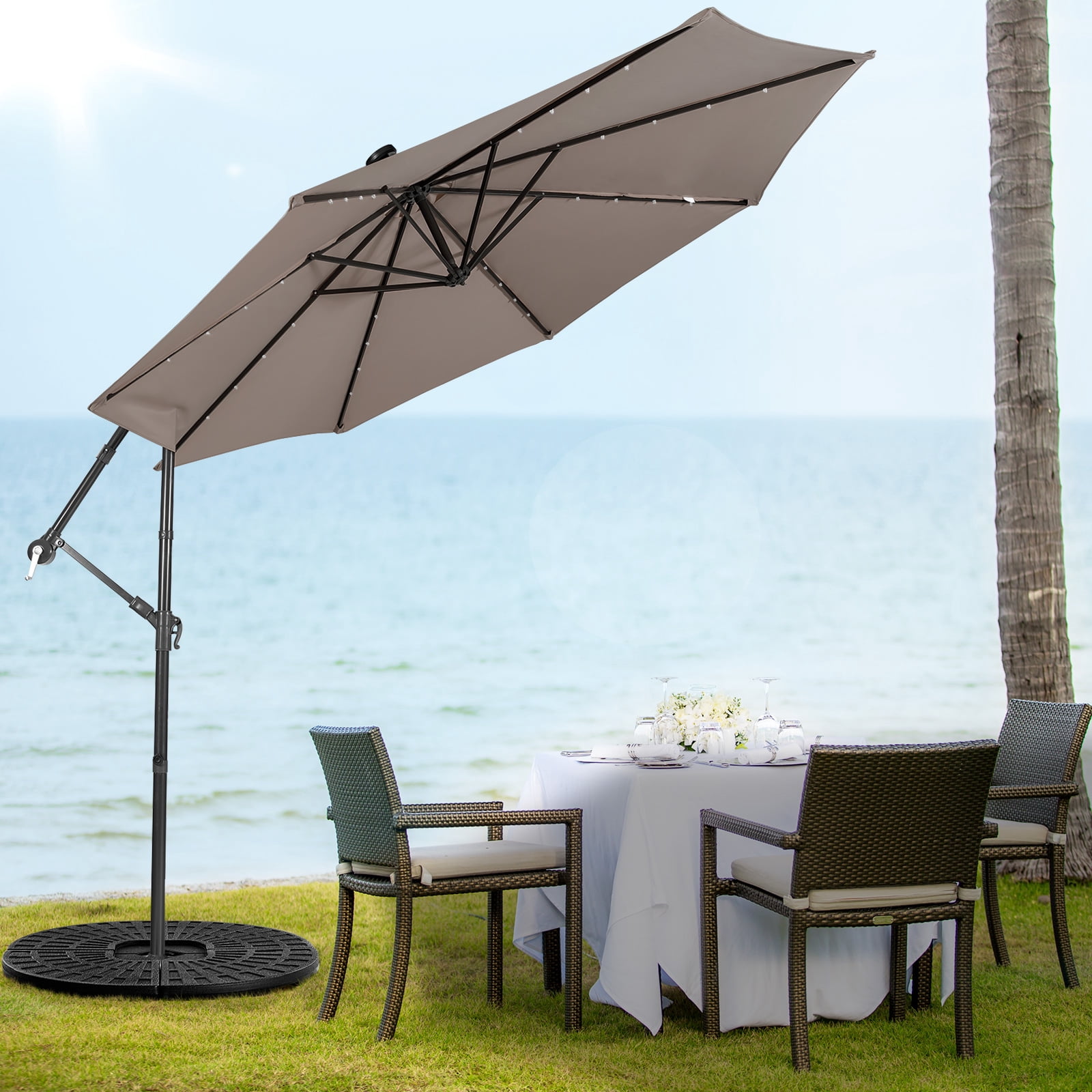Patiojoy 10FT Patio Umbrella with 32 LED Lights Solar Powered Pool Umbrellas 8 Ribs Cantilever Offset Umbrella for Outdoor Coffee