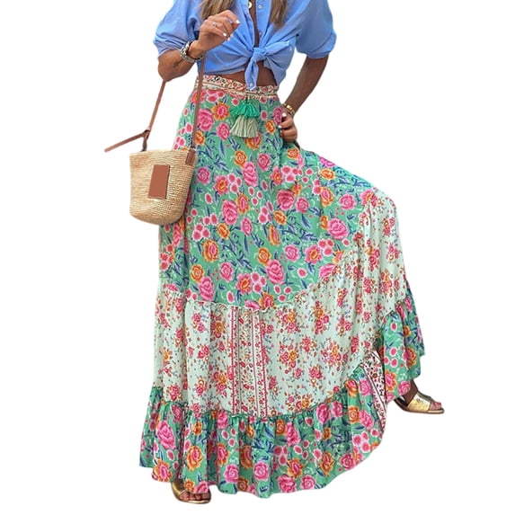LilyLLL Womens Hippie Floral Print Maxi Dress Pleated Summer Beach Long Skirts