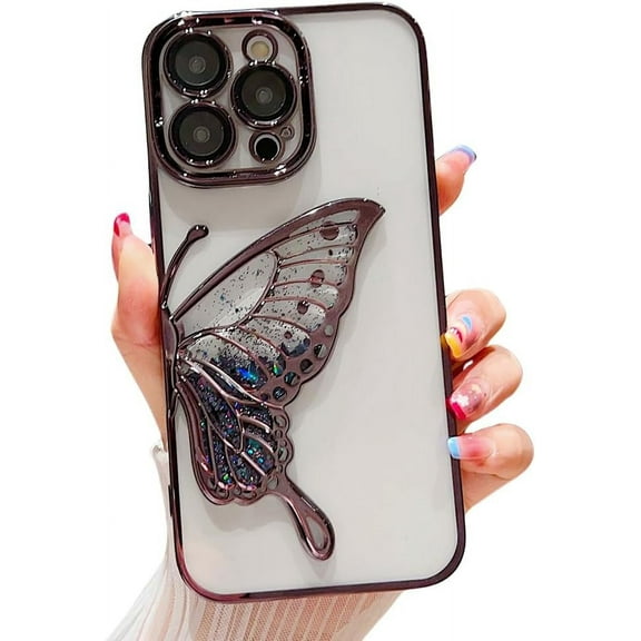 Compatible with iPhone Case,Glitter Electro Plated Butterfly Liquid Sand Clear Camera Lens Protection Soft Shockproof Cover Phone Case (Black,iPhone 15)