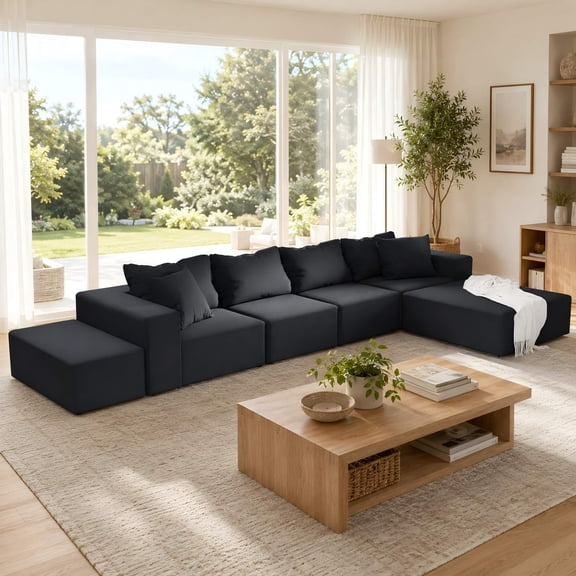 132" Modular Sectional Sofa, Chenille Boneless Couch with Deep Seat and 6 Pillows, Black