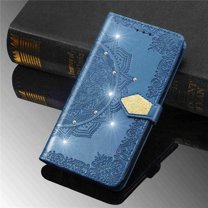 Dteck Wallet Case for Oneplus Nord N200 5G, Bling Diamond Embossed Flower Mandala Floral PU Leather Folio Flip [Kickstand] [Card Slots Holder][Wrist Strap] Magnetic Cover, Blue Flower