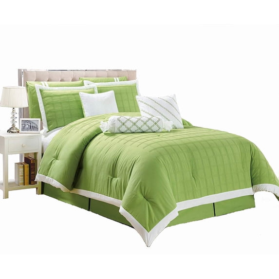 Legacy Decor 9 pc Pleated Microfiber Comforter Set, Lime Green and White Color, King Size