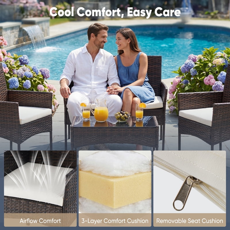Gianna 4-Piece Patio Furniture Set, Outdoor Wicker Rattan Chairs with Removable Cushion & Glass Table, Conversation Furniture for Porch, Garden, Backyard, Poolside - Brown