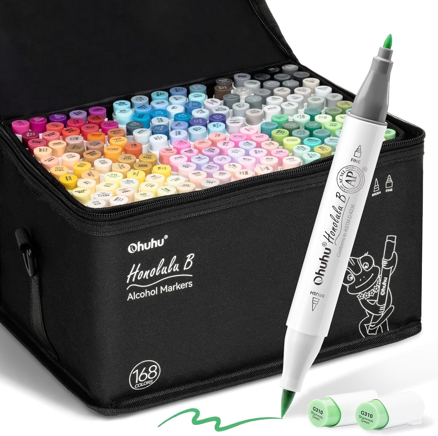 Ohuhu 216-Color Alcohol Markers, Dual Tip Brush & Fine, Refillable