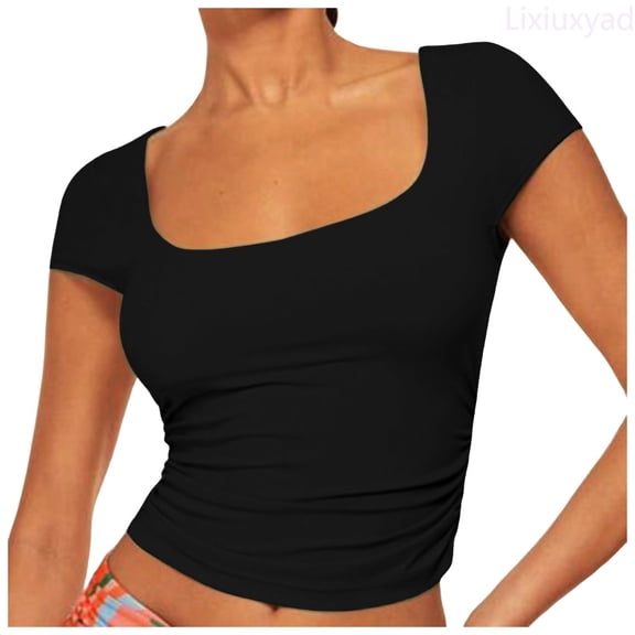 Lixiuxyad Women Short Sleeve Basic T Shirt Summer Scoop Top Outing Layered Slim Fit Top Casual Summer,Black L