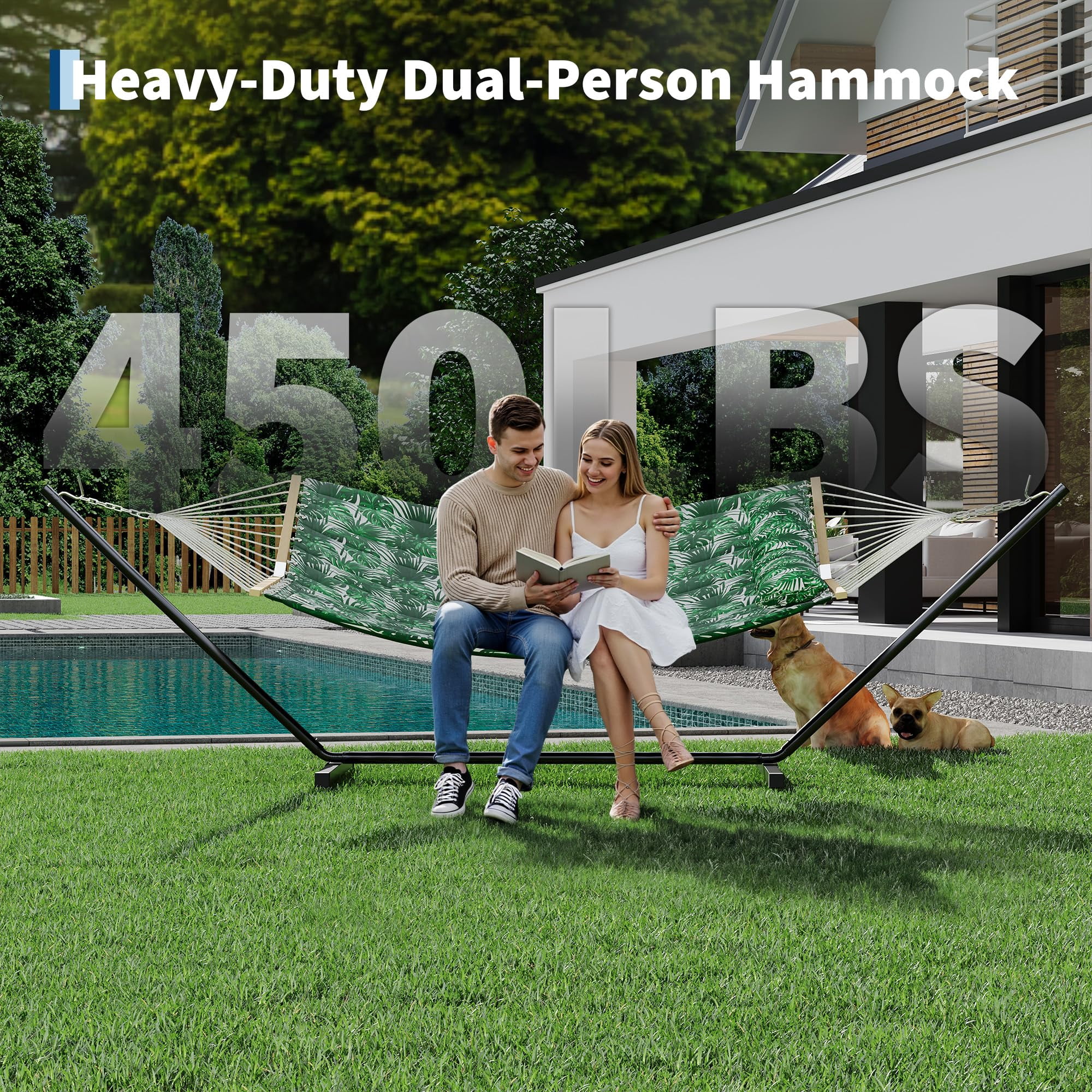 Kicctian 2 Person Hammock with Stand, Portable Double Hammock with 450 lbs Capacity, Balance Rope Included, for Patio, Backyard, Garden or Beach,Green