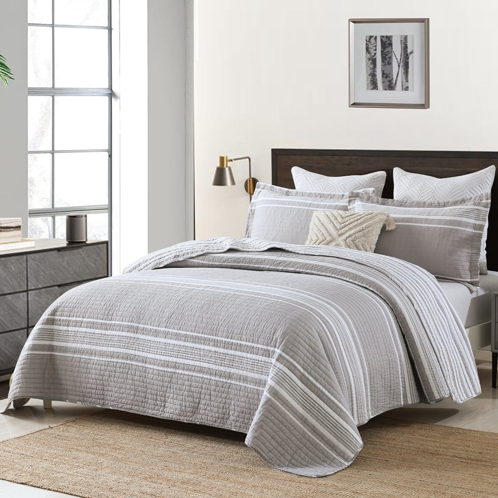 Y-PLWOMEN 100% Cotton Quilt Queen Size - Gray Quilt White Striped Lightweight Quilted Bedspread, Queen Comforter Set, Soft Bed Spread for Queen Bed with Pillow Shams
