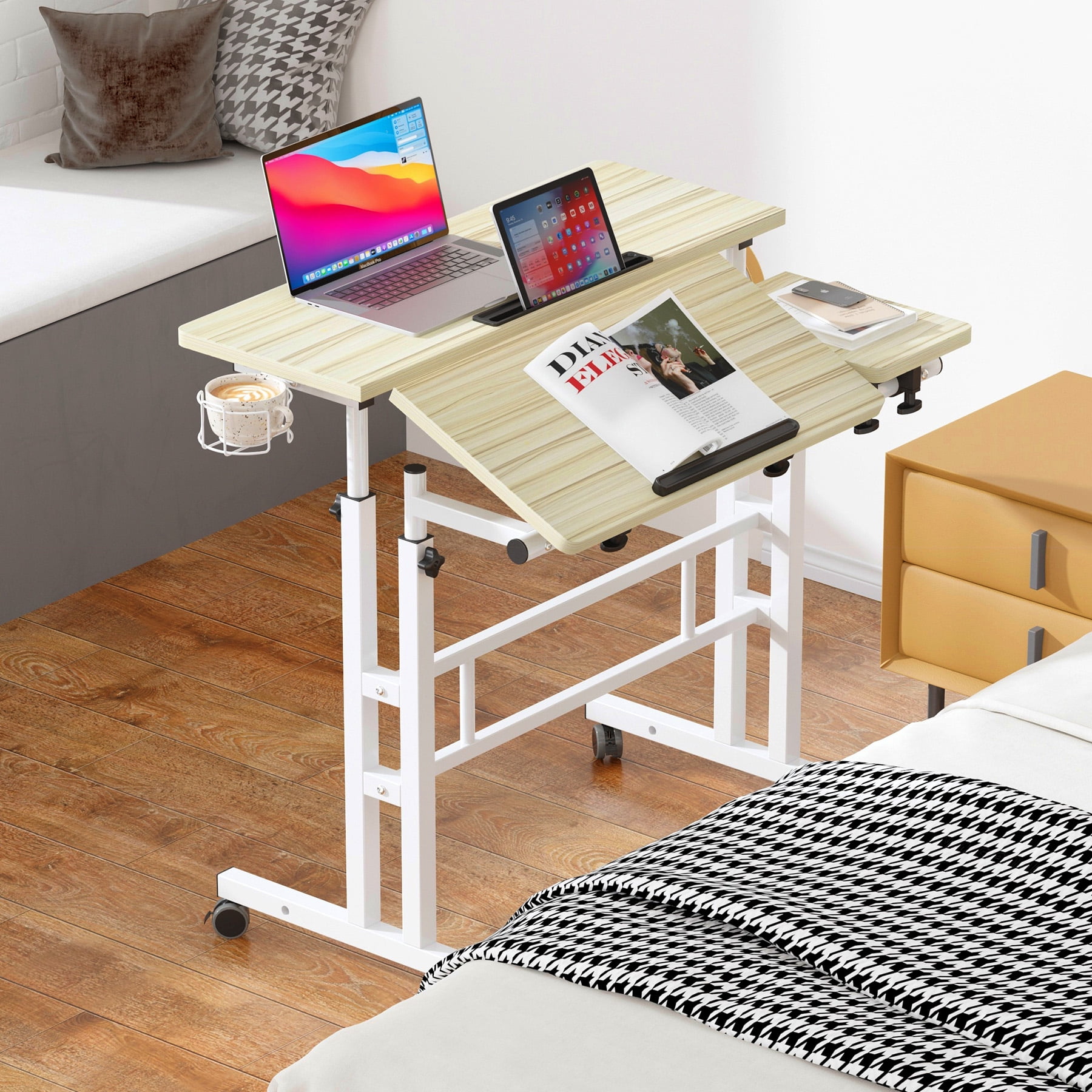 Soges Mobile Standing Desk with Cup Holder and Hooks, Portable Stand Up Desk, Adjustable Height Small Standing Desk, Rolling Desk with Wheels, Home Office Laptop Cart, Maple