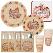 Juiluna Thanksgiving Paper Plates and Napkins Disposable Dinnerware Set for 24 Guests Pumpkin Theme Party Supplies Happy Thanksgiving Autumn Tableware Set in Elegant Gold Foil Fall Design