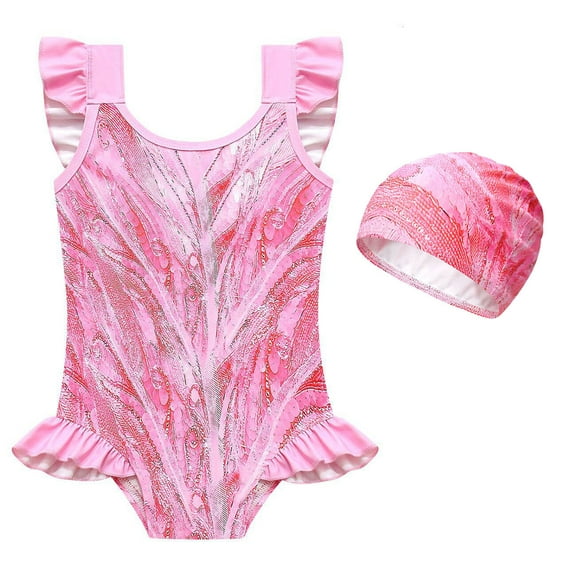 Girls One Piece Swimsuit with Swim Cap Glinda Costume Swimwear, Size 4-5Y